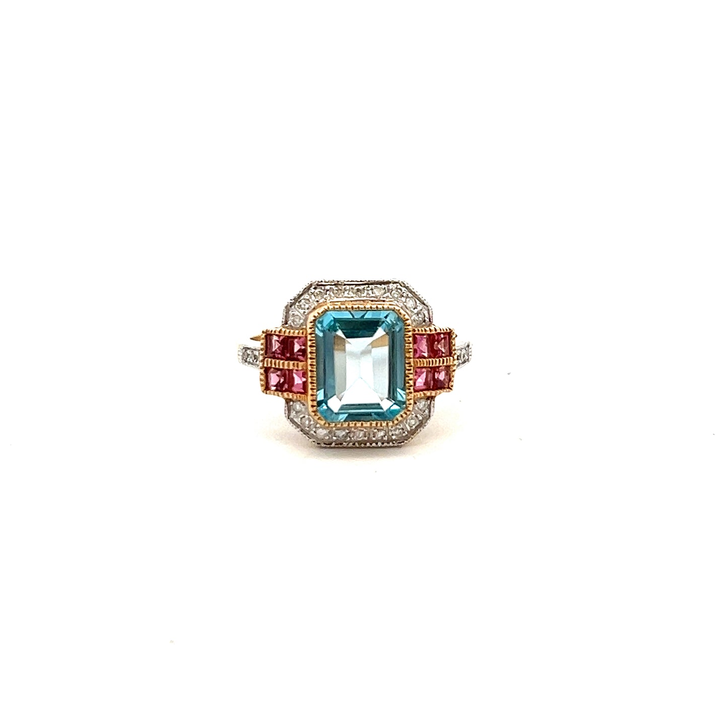 9ct Yellow Gold Art Deco Style Blue Topaz, Pink Tourmaline and Diamond Ring Size O