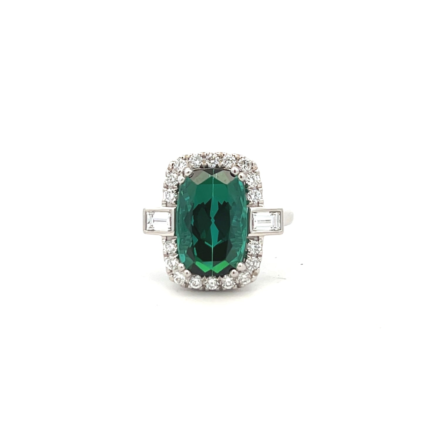 Platinum Green Tourmaline and Diamond Cluster Ring Size O