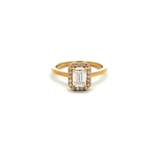 18ct Yellow Gold Laboratory Grown Diamond Emerald Cut Halo Ring Size O