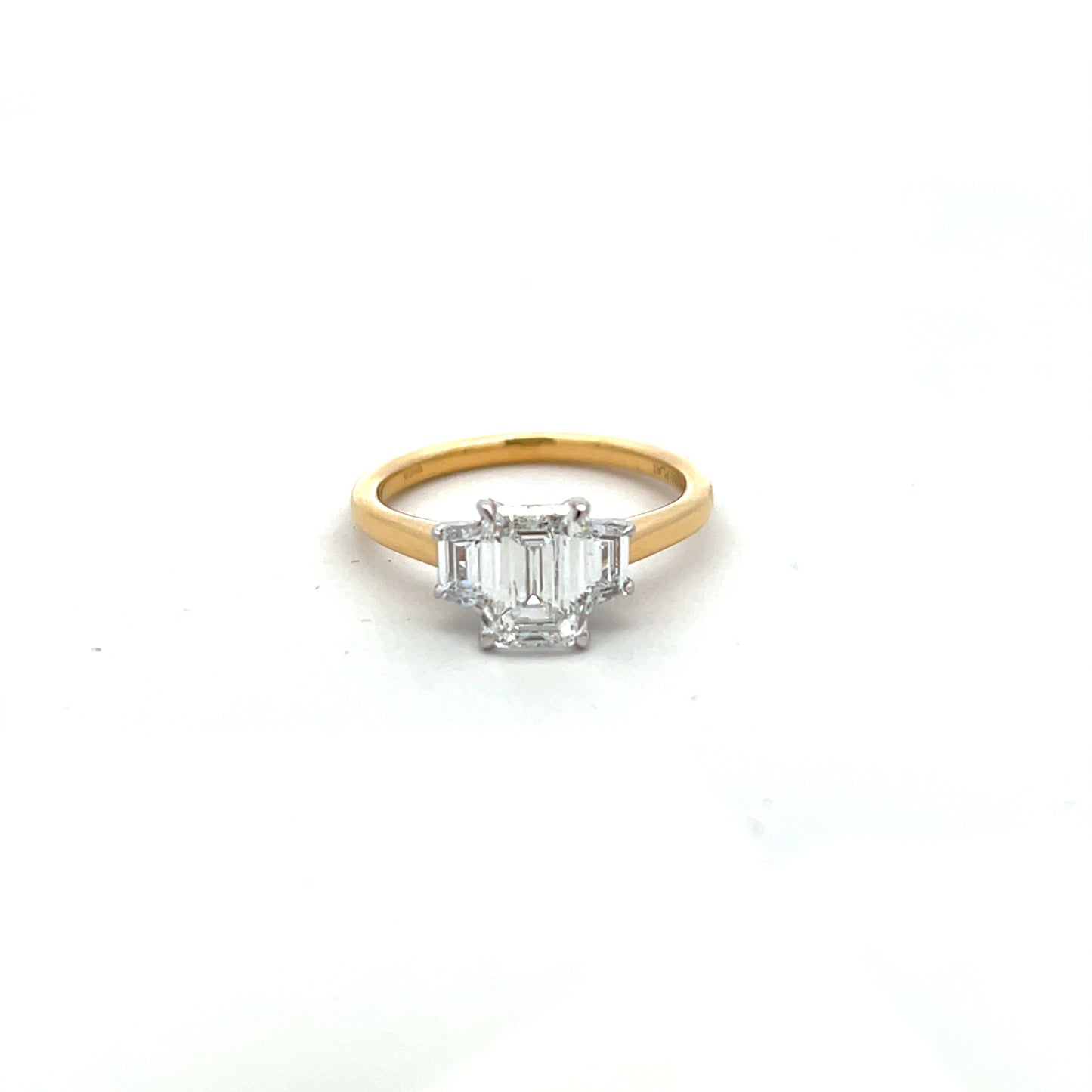 18ct Yellow Gold Laboratory Grown Diamond Emerald Cut Three Stone Ring Size N