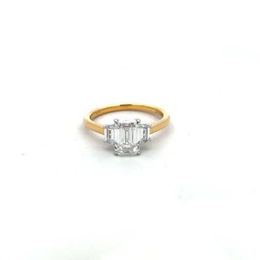 18ct Yellow Gold Laboratory Grown Diamond Emerald Cut Three Stone Ring Size N