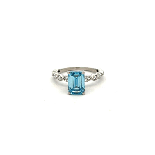 Platinum Laboratory Grown Blue Emerald Cut and Laboratory Grown Diamond Ring