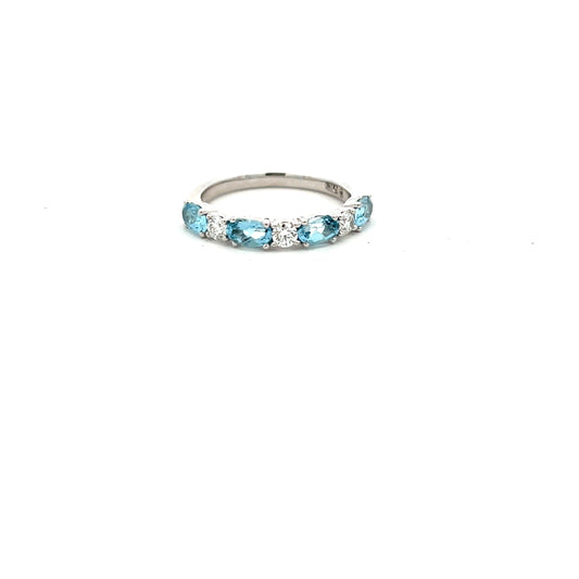 18ct White Gold Aquamarine and Diamond Half Eternity Ring Size M