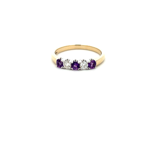 9ct Yellow Gold Amethyst and Diamond Five Stone Ring Size O
