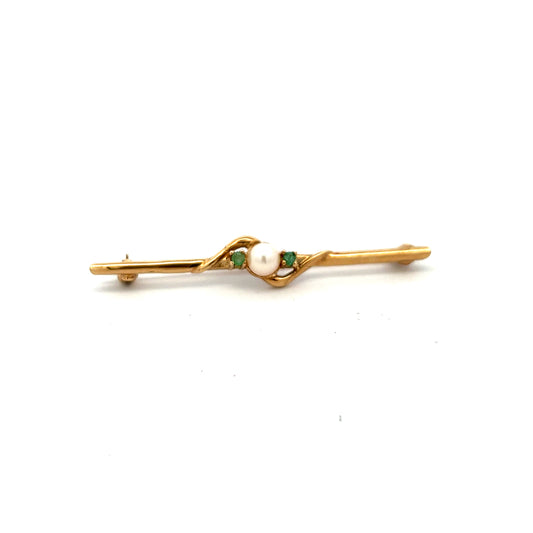 Pre-Owned 9ct Gold Emerald And Pearl Brooch