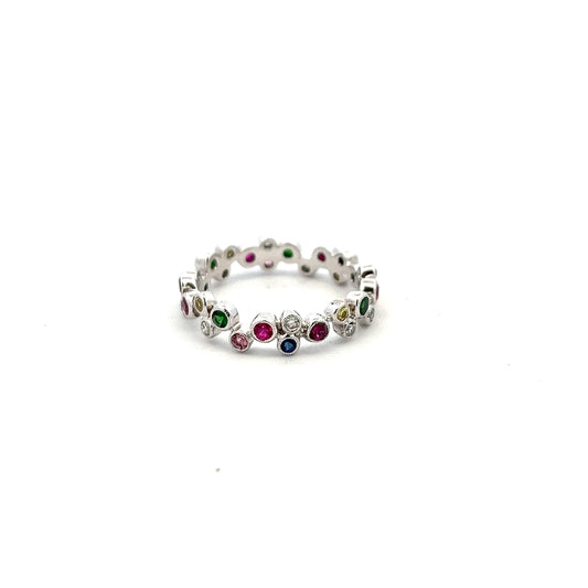 18ct White Gold Sapphire Ruby Tsavorite and Diamond Ring Size N