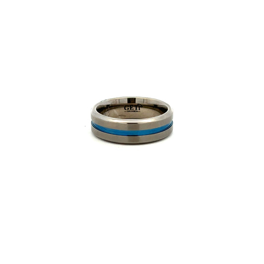 Geti Zirconium Ring with Polished Chamfers Centre Roman Numeral Blue Line Size S