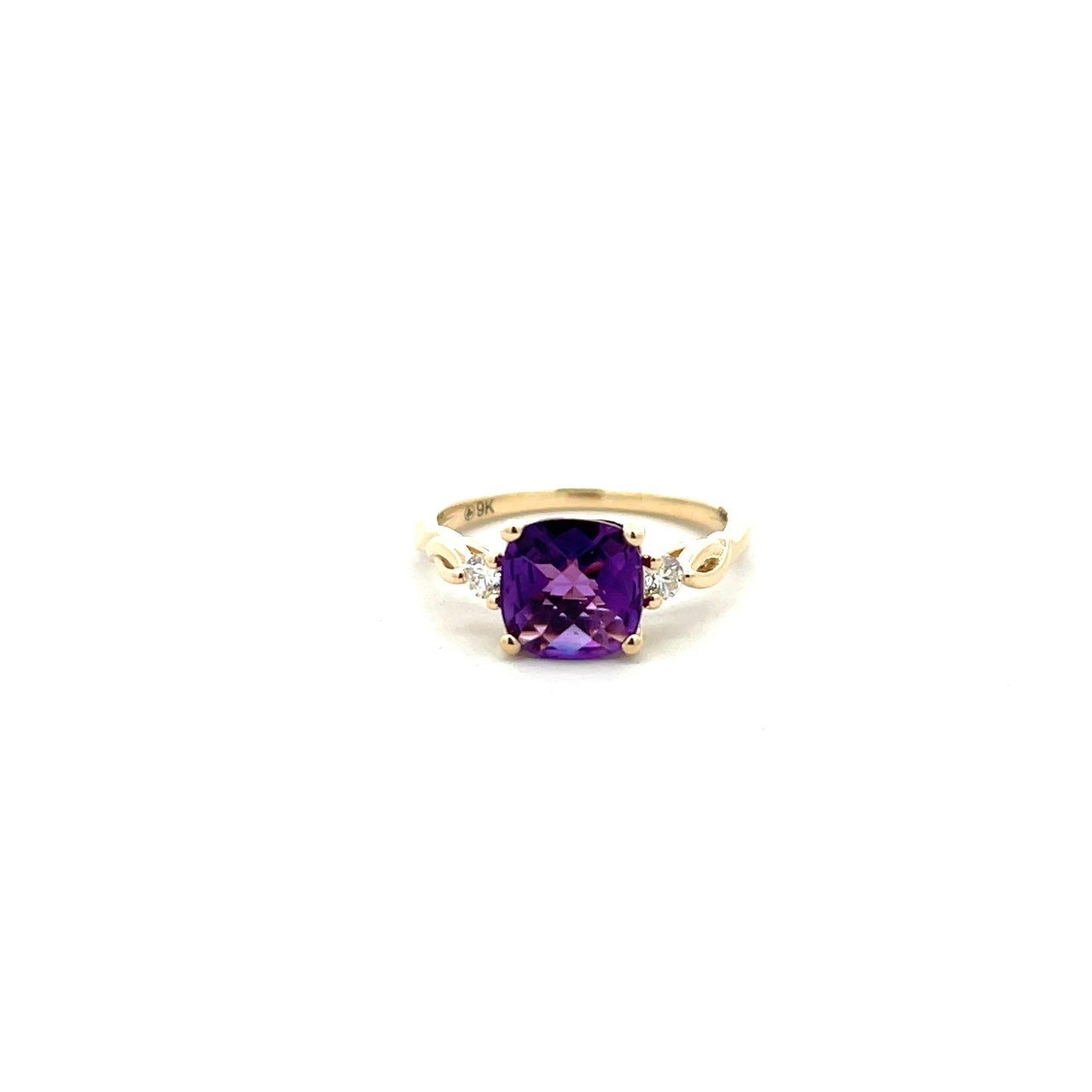 9ct Yellow Gold Cushion Cut Amethyst and Diamond Ring Size O