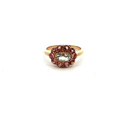 9ct Yellow Gold Aquamarine And Pink Tourmaline Cluster Ring Size M
