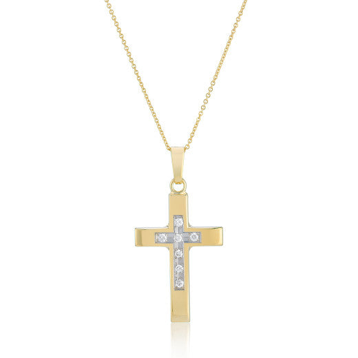 9ct Yellow & White Gold Bevelled Edge Diamond Cross Necklace