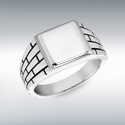 Sterling Silver Square with Matte Brick Pattern Signet Ring Size T