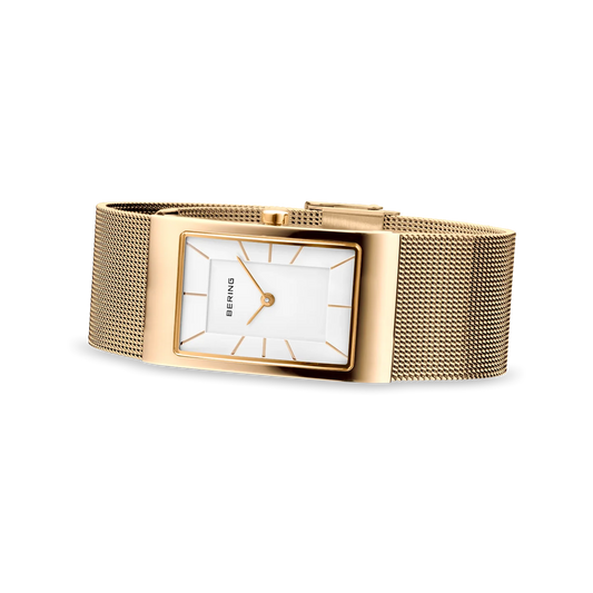 Bering Rectangular White Dial Yellow Gold Plated Mesh Bracelet