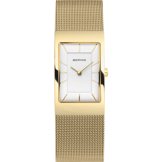 Bering Rectangular White Dial Yellow Gold Plated Mesh Bracelet