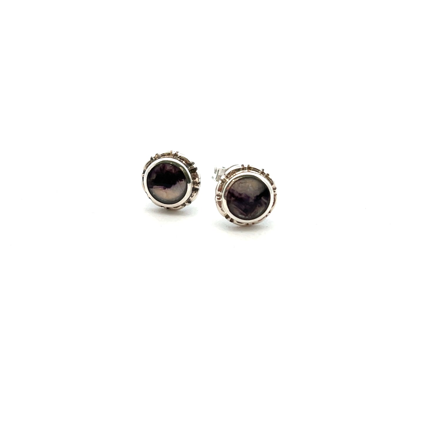 Sterling Silver Derbyshire Blue John Round Egg and Bead Edge Stud Earrings