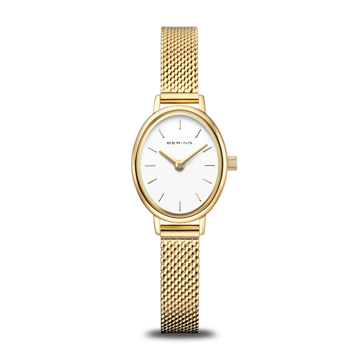 Bering Classic Oval White Dial Yellow Gold Plated PVD Mesh Bracelet Watch 11020-334