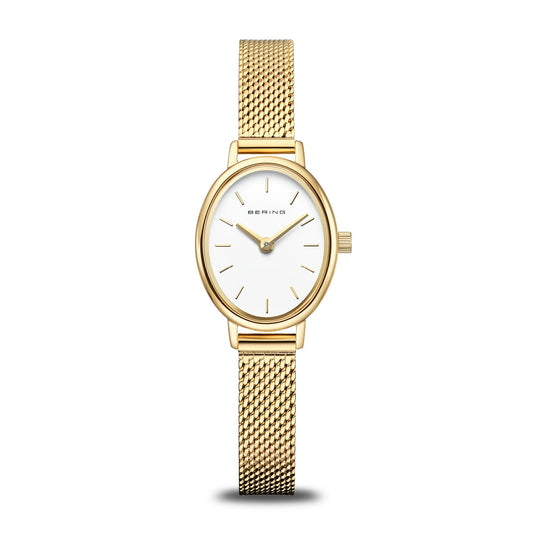 Bering Classic Oval White Dial Yellow Gold Plated PVD Mesh Bracelet Watch 11020-334