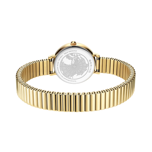 Bering Ladies Round White Dial Yellow Gold Plated Expander Bracelet Watch