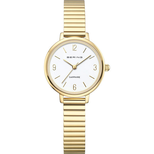 Bering Ladies Round White Dial Yellow Gold Plated Expander Bracelet Watch