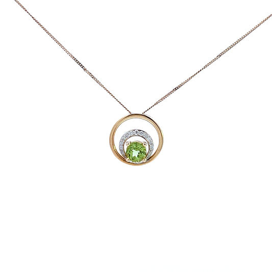 9ct Yellow Gold Peridot and Diamond Pendant and Chain