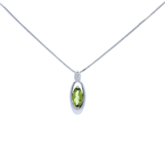 9ct White Gold Peridot and Diamond Pendant and Chain