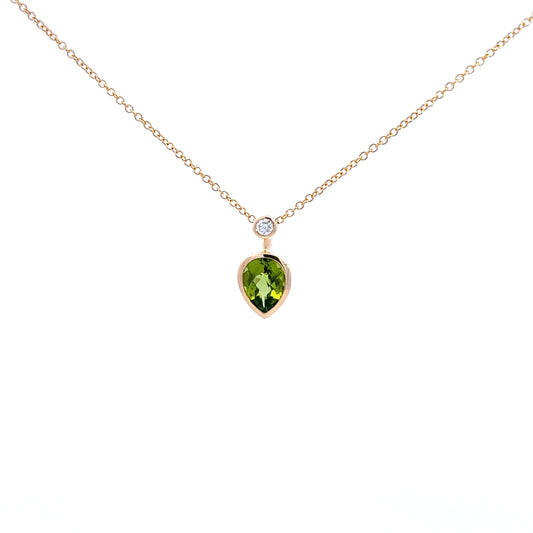 9ct Yellow Gold Peridot and Diamond Pendant and Chain