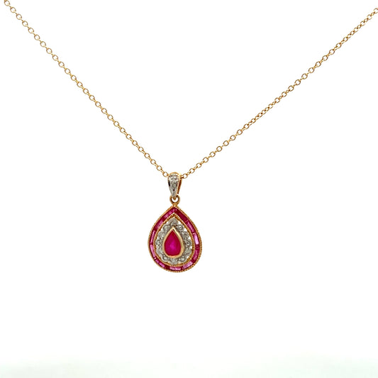 9ct Gold Ruby And Diamond Pear Shaped Necklace