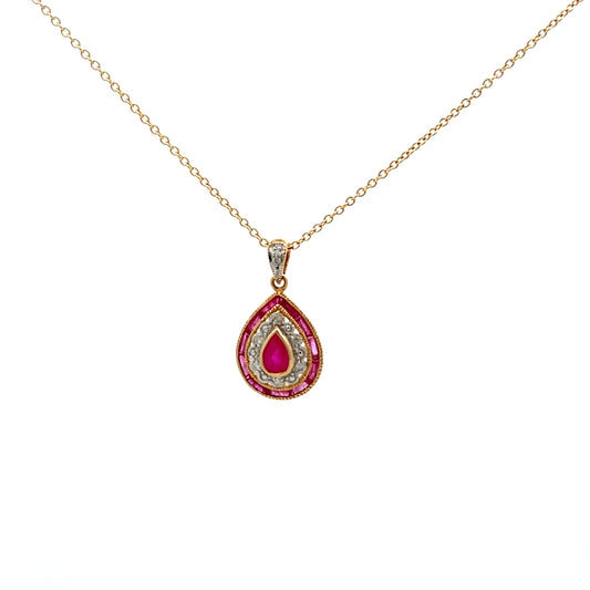 9ct Gold Ruby And Diamond Pear Shaped Necklace