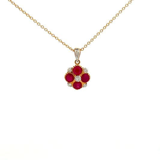 9ct Yellow Gold Ruby and Diamond Flower Style Necklace