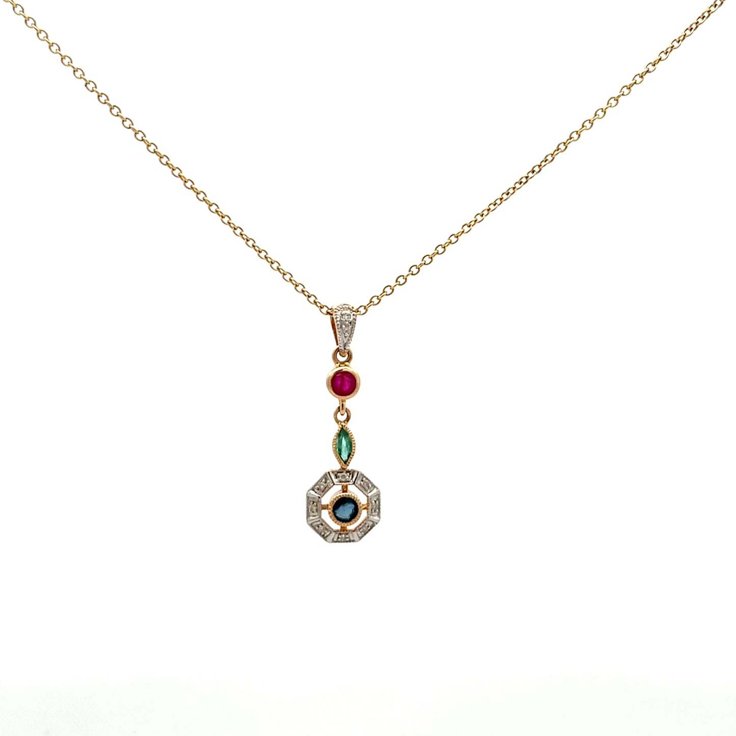 9ct Yellow Gold Sapphire Ruby Emerald and Diamond Necklace