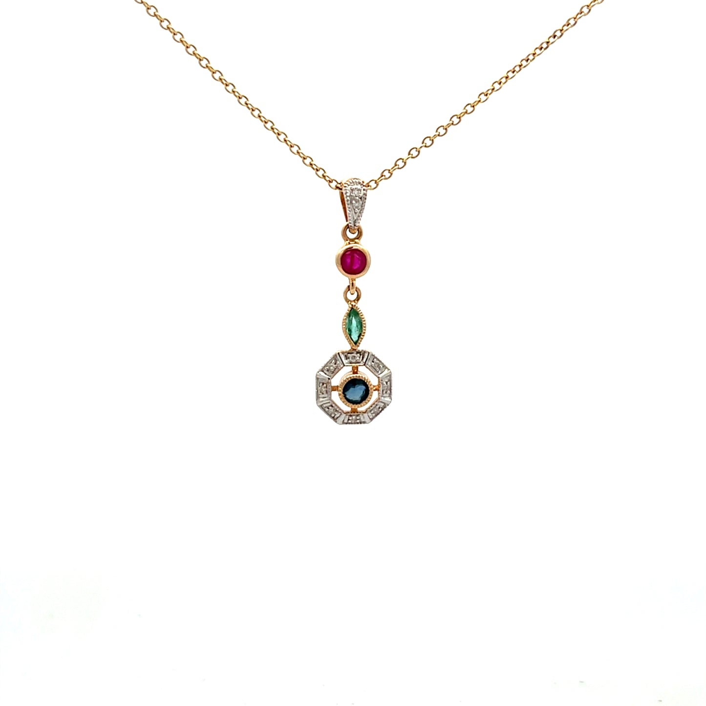 9ct Yellow Gold Sapphire Ruby Emerald and Diamond Necklace