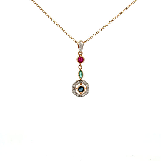 9ct Yellow Gold Sapphire Ruby Emerald and Diamond Necklace