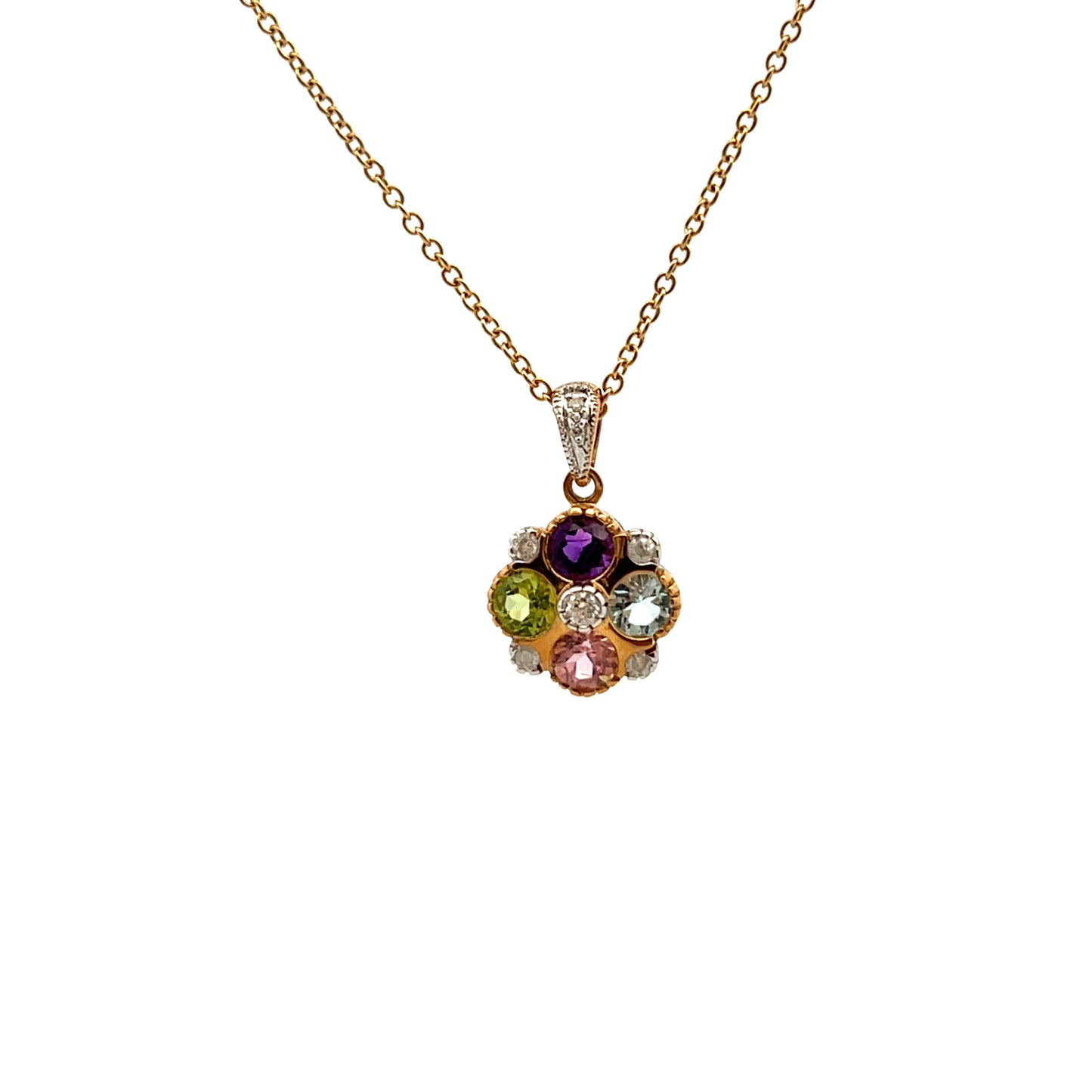9ct Yellow Gold Amethyst, Peridot, Pink Tourmaline, Blue Topaz and Diamond Necklace