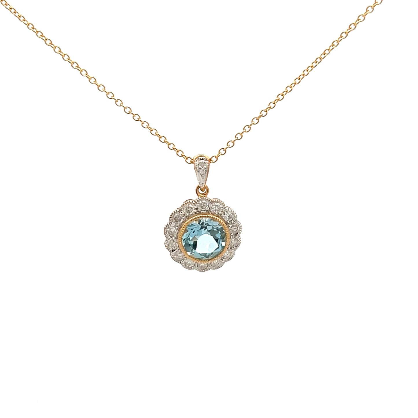 9ct Yellow Gold Blue Topaz and Diamond Cluster Necklace