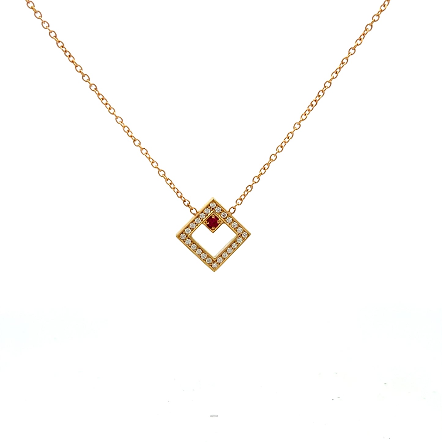 18ct Yellow Gold Ruby and Diamond Open Square Necklace