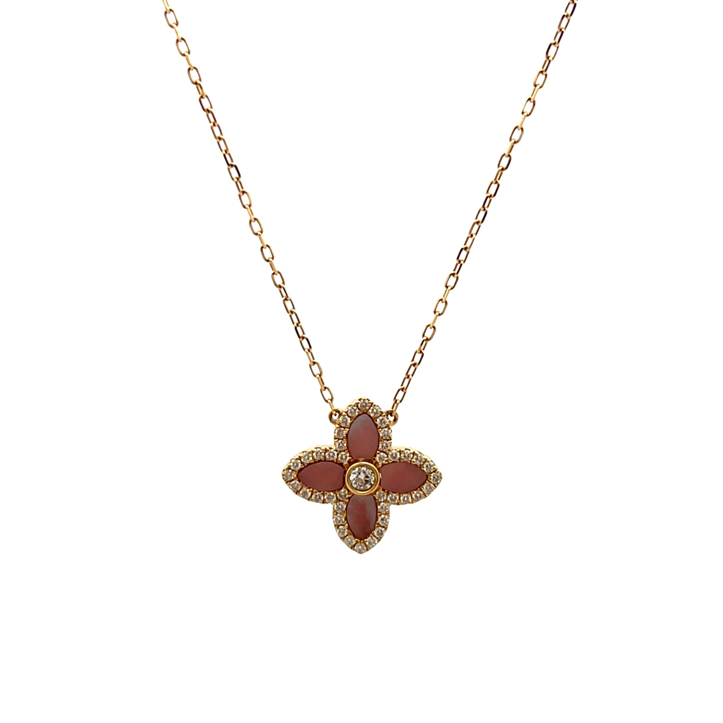 18ct Yellow Gold Pink Mother of Pearl And Diamond Four Petal Flower Necklace