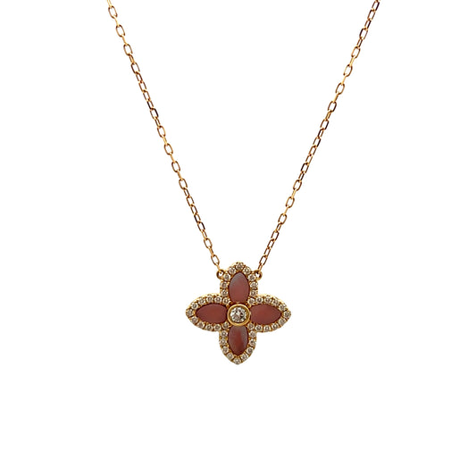18ct Yellow Gold Pink Mother of Pearl And Diamond Four Petal Flower Necklace