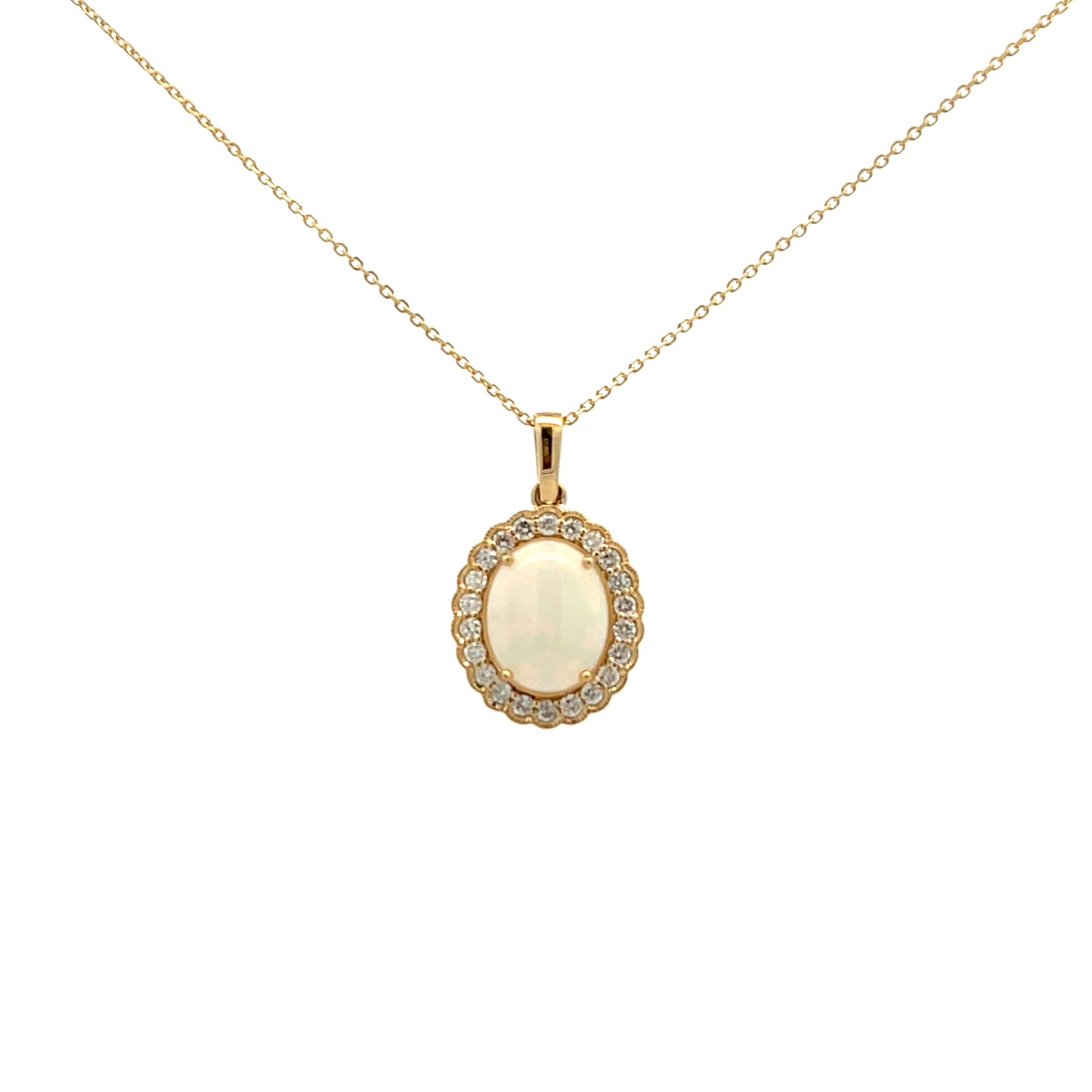 9ct Yellow Gold Opal and Diamond Oval Cluster Necklace