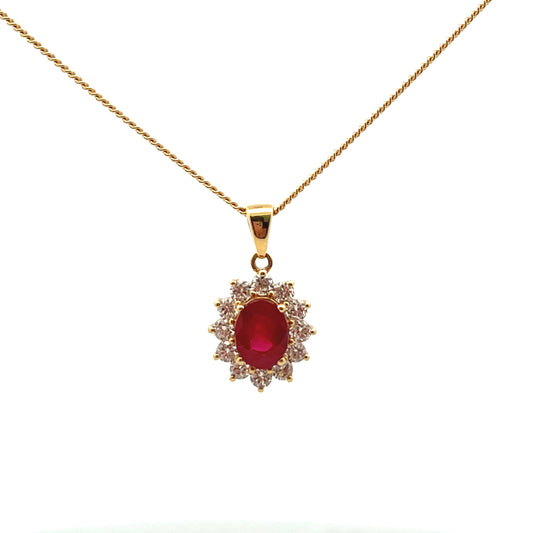 18ct Yellow Gold Ruby and Diamond Cluster Pendant