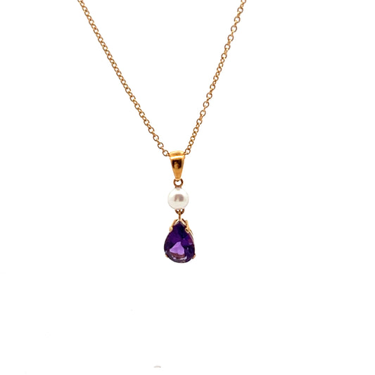 9ct Yellow Gold Amethyst and Pearl Necklace