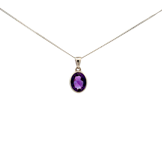 9ct White Gold Oval Amethyst Bezel Set Pendant