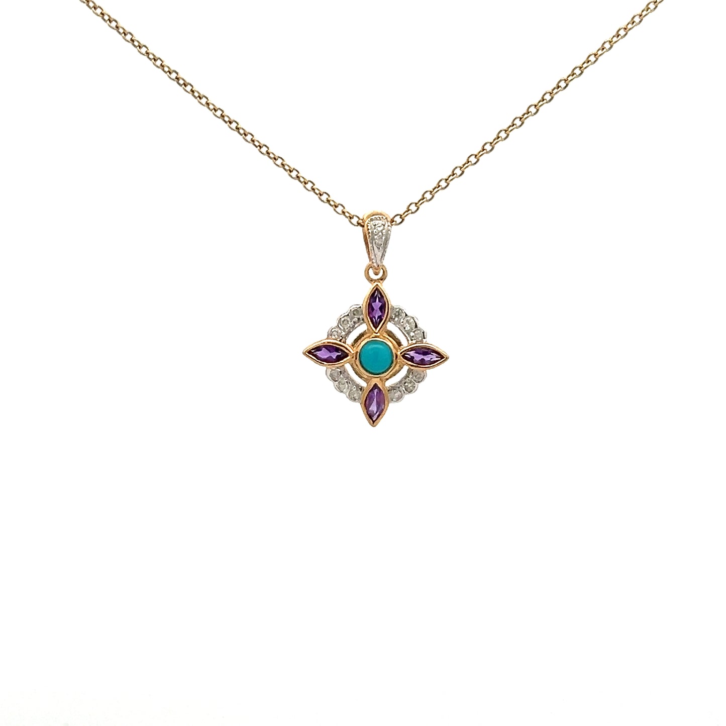 9ct Yellow Gold Amethyst Turquoise And Diamond Necklace