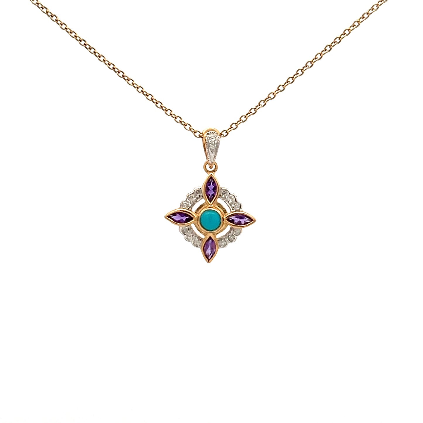 9ct Yellow Gold Amethyst Turquoise And Diamond Necklace