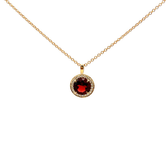 9ct Yellow Gold Garnet & 0.13ct Diamond Cluster Necklace