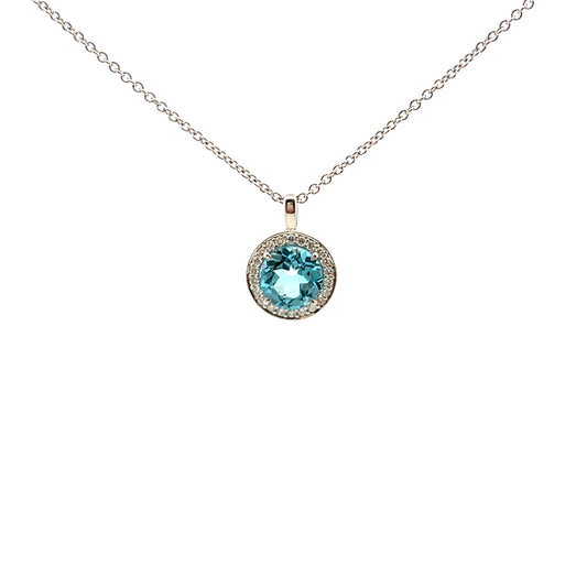 9ct White Gold Blue Topaz & 0.13ct Diamond Cluster Necklace