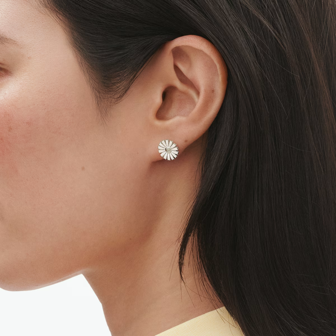 Georg Jensen Sterling Silver Daisy 11mm White Enamel Stud Earrings
