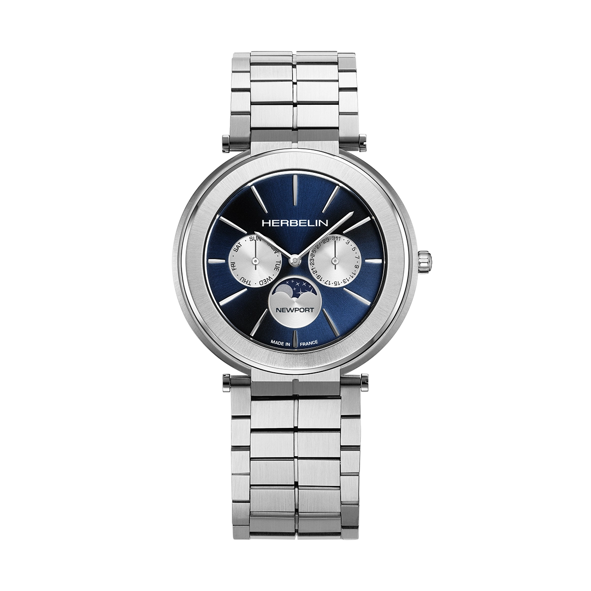 Herbelin Newport Slim Blue Moonphase Dial Steel Case Bracelet Watch 12722B25