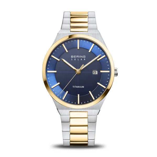 Bering Blue Dial Slim Titanium And Yellow Gold Plated Bracelet Watch 14439-717