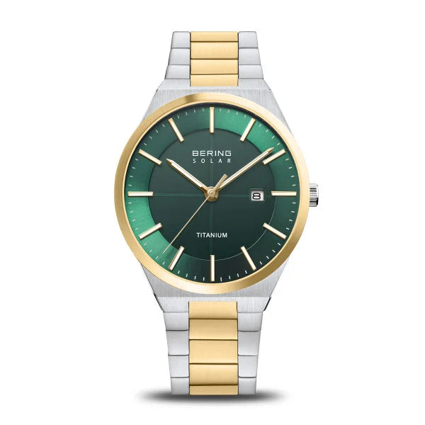 Bering Green Dial Titanium And Yellow Gold Plated Bracelet Watch 14439-718