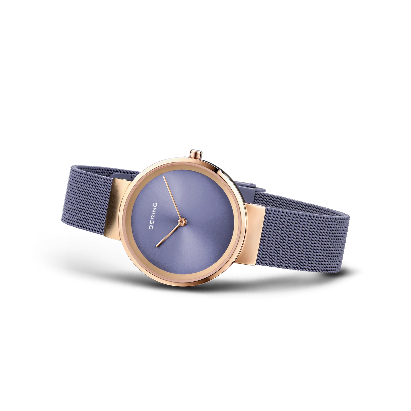 Bering Ladies Round Rose Plated Case and Lilac Grey Dial and Mesh Bracelet Watch