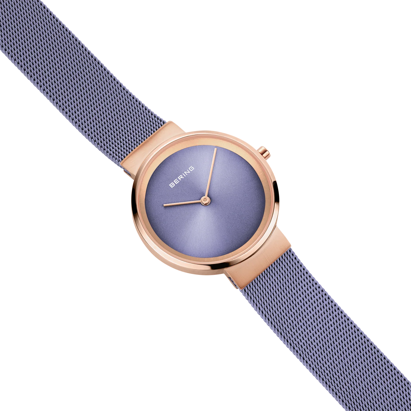 Bering Ladies Round Rose Plated Case and Lilac Grey Dial and Mesh Bracelet Watch